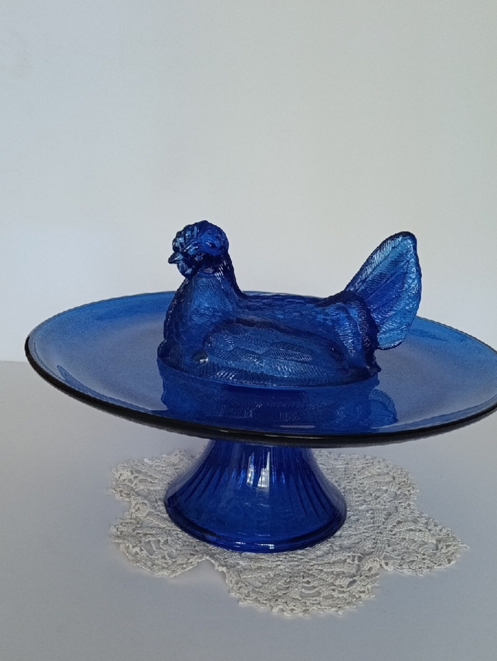 Vintage Blue Glass Hen-on-Nest Pedestal Dish Marriage Between L G Wright And Anc